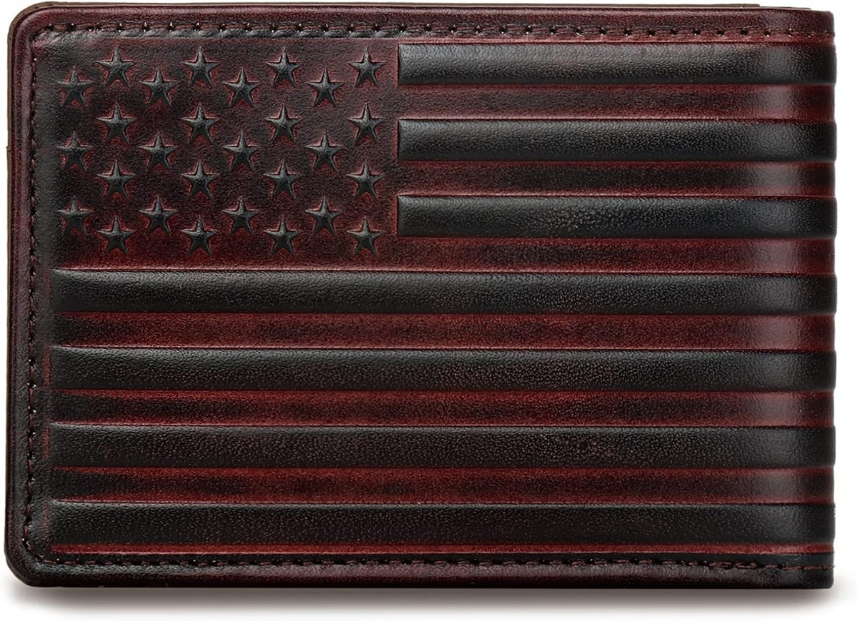 Stylish Full Grain Leather Bifold Wallet for Men - RFID Blocking, 12 Slots, USA Flag Design - Perfect Gift in Red
