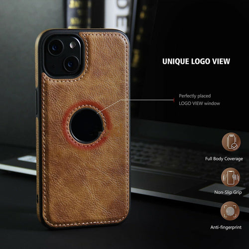 Slim vegan leather iPhone case, brown, logo window detail