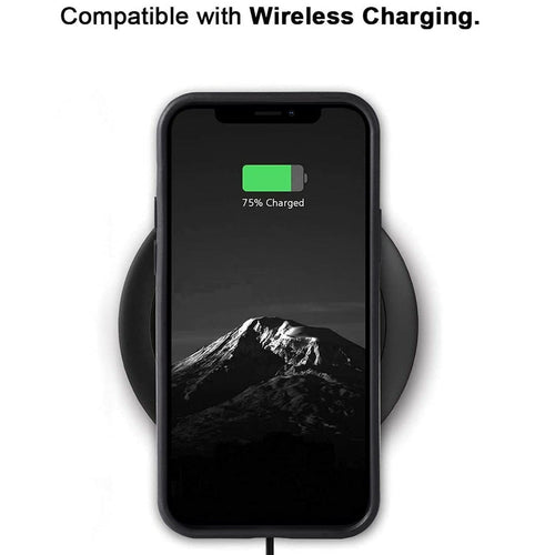 Slim vegan leather iPhone case on a wireless charging pad