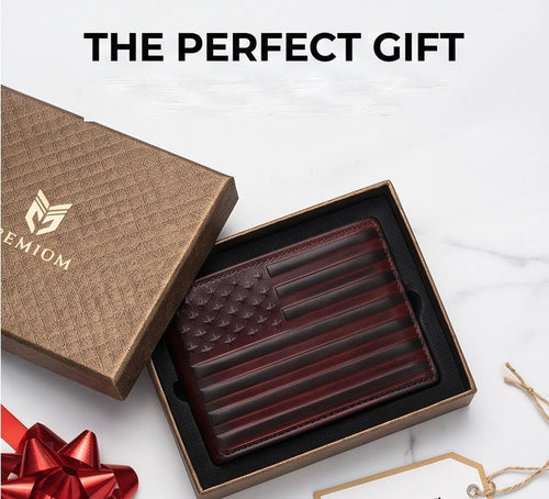 Red American flag embossed leather bifold wallet presented in a gift box