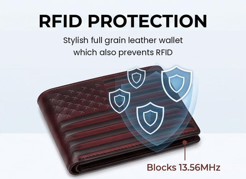 Full grain leather wallet with RFID blocking shielding at 13.56MHz