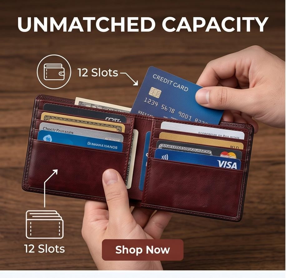 Wallet held open showing 12 card slots filled with cards