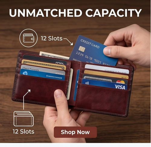 Wallet held open showing 12 card slots filled with cards