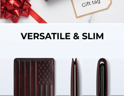 Front and slim side profile views of the bifold wallet