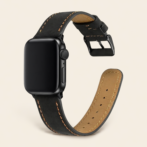 Stitched band for Apple Watch in Black with contrast stitching on a parchment background