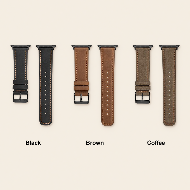 Black, Brown and Coffee stitched bands laid flat on a parchment background