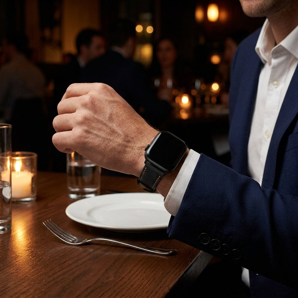 Black stitched band worn with a navy blazer at dinner