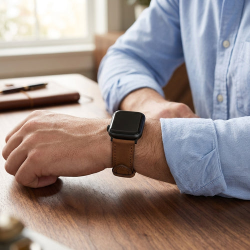 Brown stitched band worn on a smartwatch at a desk