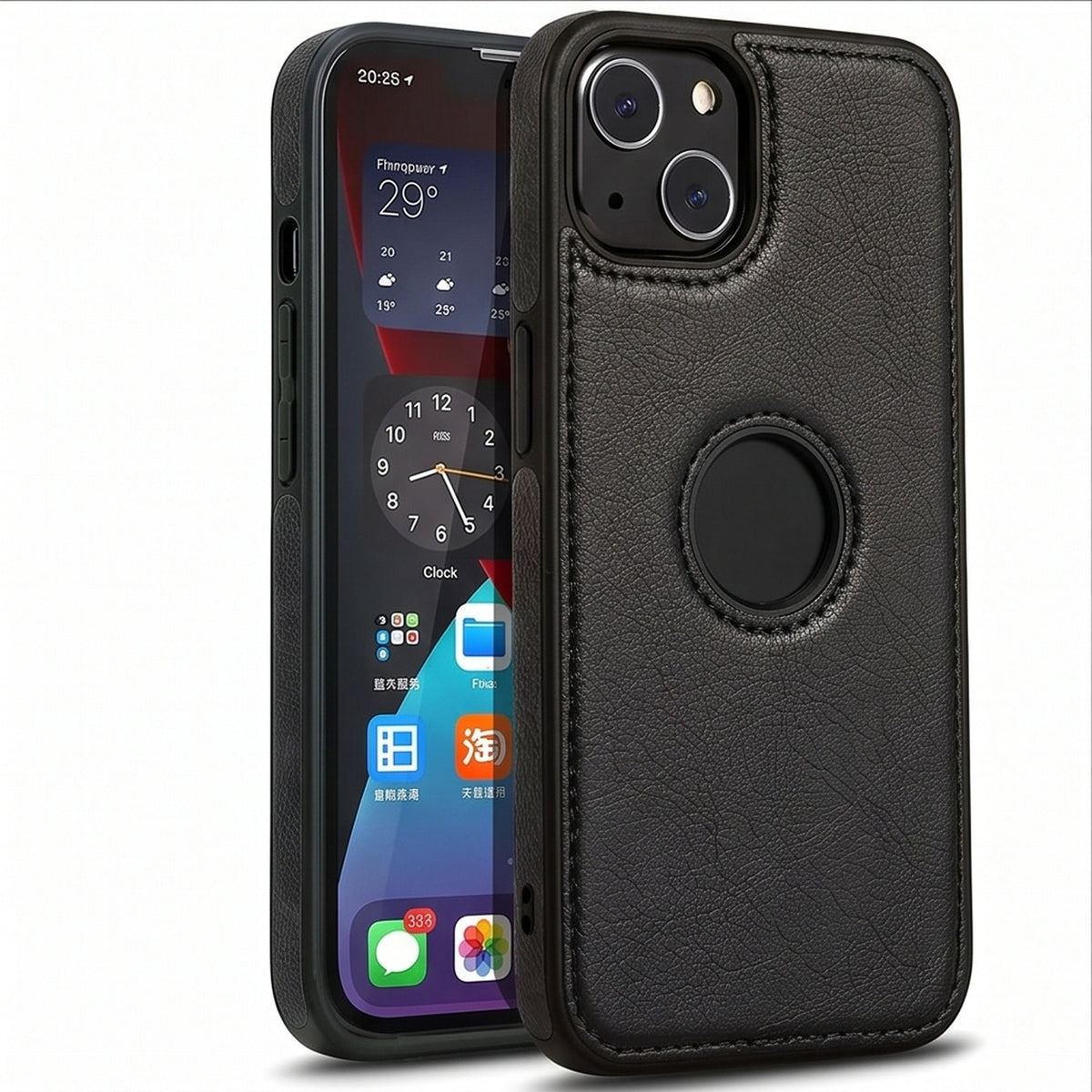 Slim vegan leather iPhone case in black, front and back