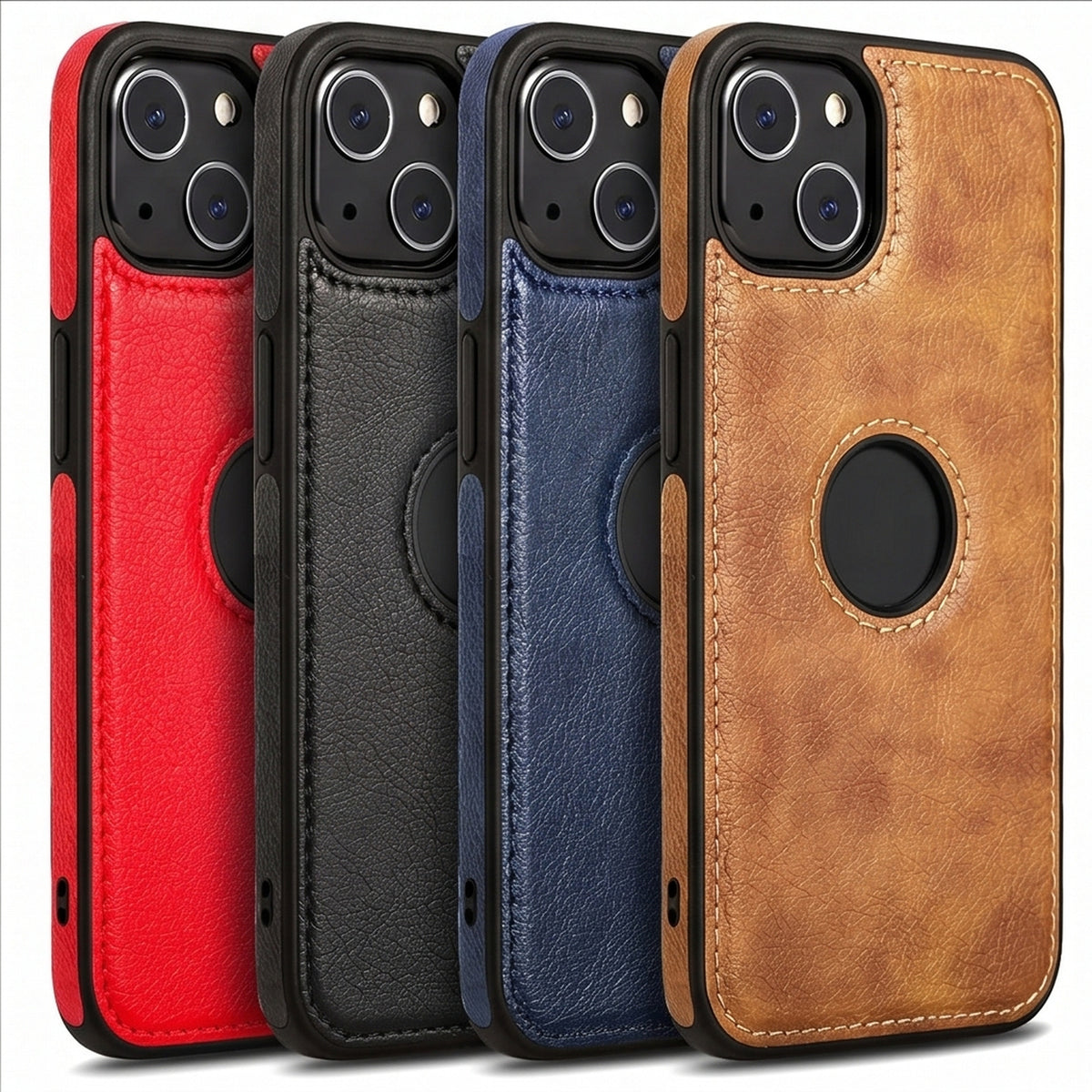 Slim vegan leather iPhone cases lined up, showing the leather back and the plain logo window