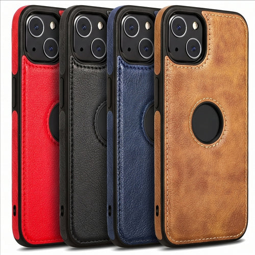 Slim vegan leather iPhone cases lined up, showing the leather back and the plain logo window