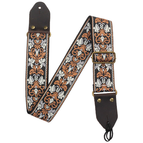 Woven jacquard guitar strap shown at full length