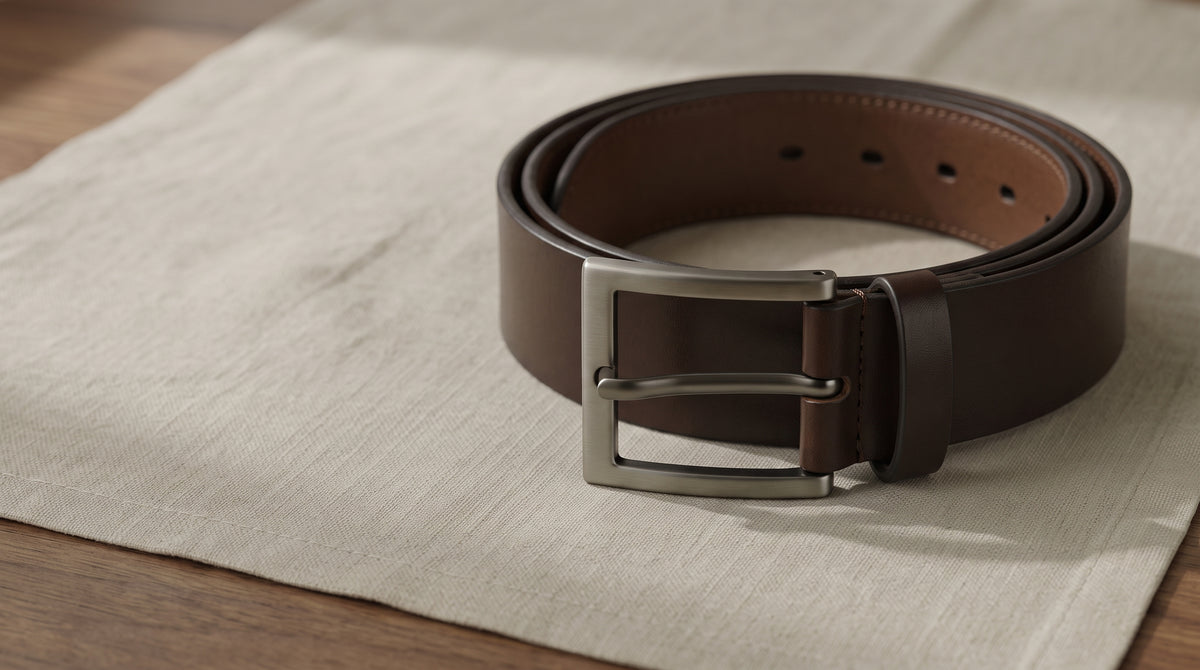 Dark brown belt with a brushed gunmetal open-frame buckle, coiled on linen